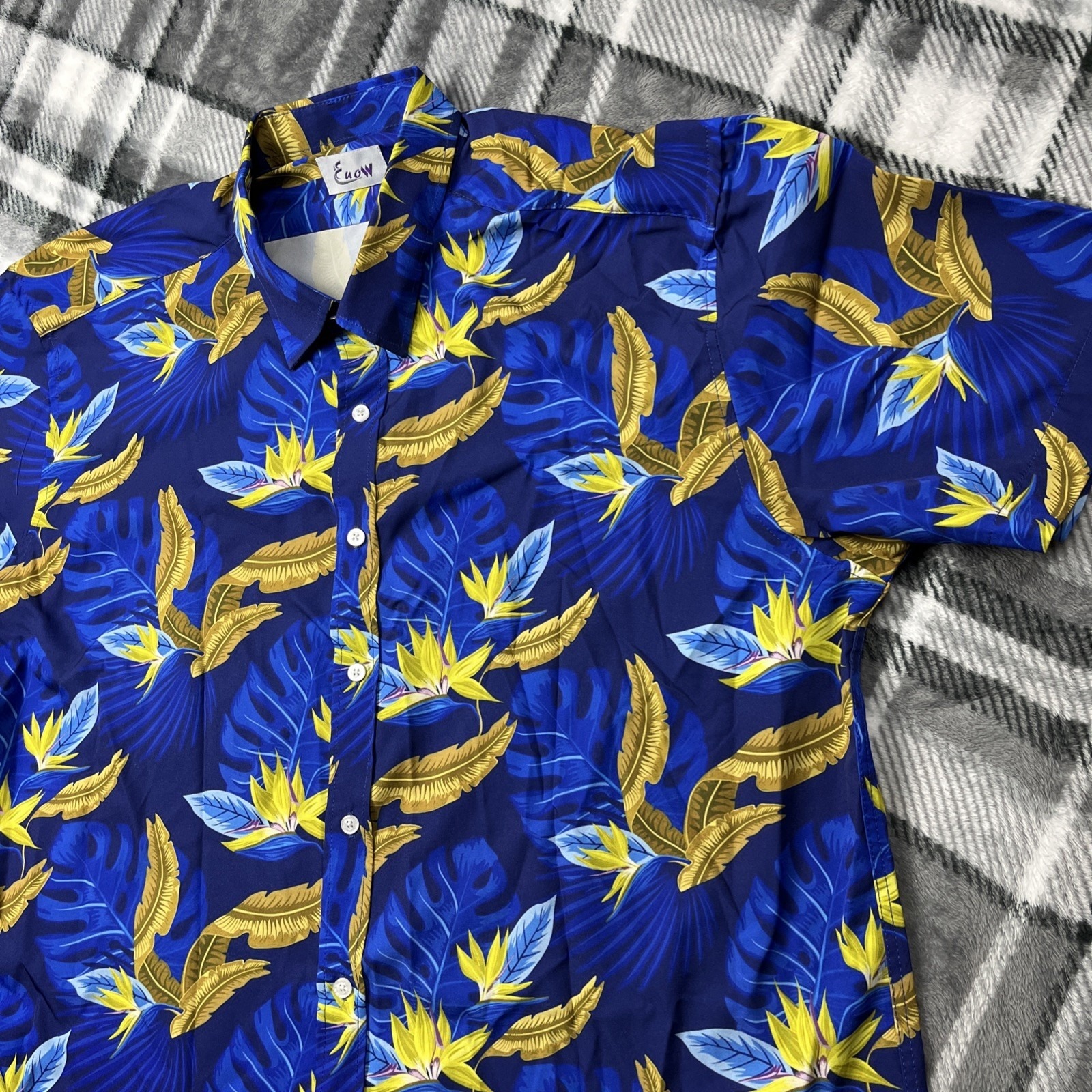 Vintage Hawaiian Shirt Mens Xl Blue Floral Beachy Camp Tiki Enow Poly Spandex